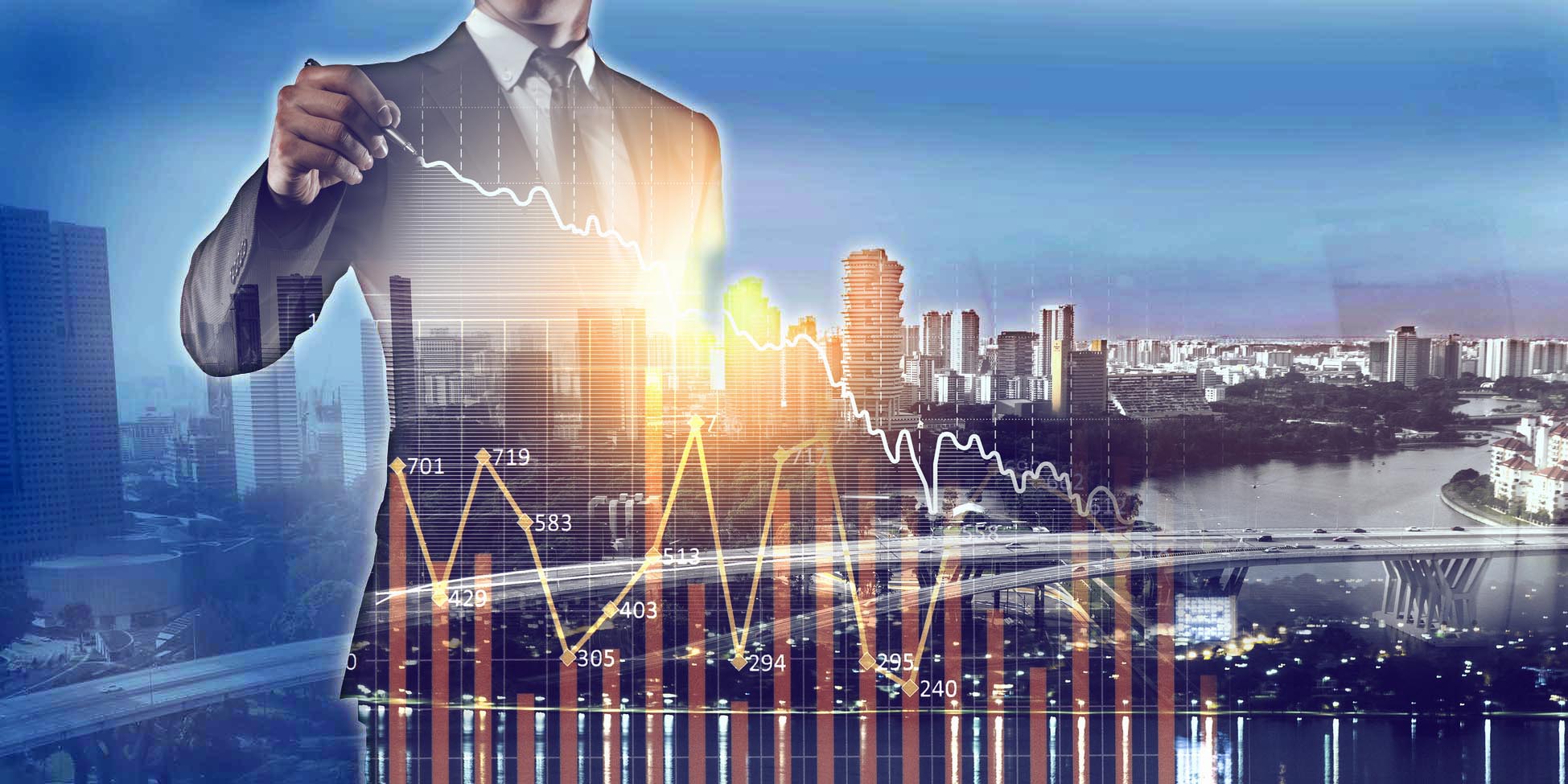 Close of businessman drawing graph on screen and cityscape at background